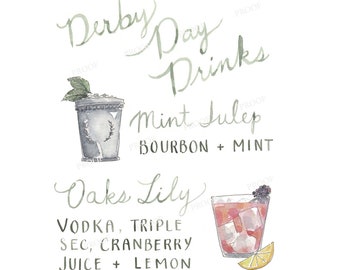 KENTUCKY DERBY DAY Cocktail Menu Digital Download Watercolor Hand Written Calligraphed Sign - Illustrated Sign - 2 sizes 8x10 and 11x14 pdf