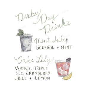 Carte des cocktails KENTUCKY DERBY DAY en téléchargement numérique aquarelle manuscrite calligraphiée signe - illustré - 2 tailles 8 x 10 et 11 x 14 pdf