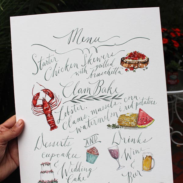 Made to Order - Custom Menu Watercolor Illustration - Watercolor Calligraphy - Wedding Menu - Event Menu