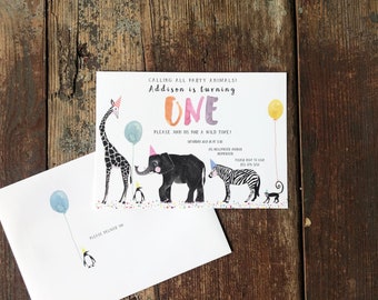 Wild Animals Party Invitation - Kid's One Year Old Birthday Party Invitation - Calling All Party Animals - Wild Animals - Watercolor Invite