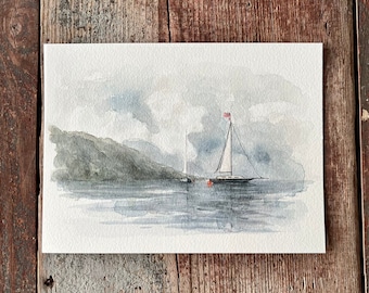 Original Sailboat Watercolor painting - Nautical - Lake  - Sailboats - Moody Sky - Cloudy Sky Painting - 6x8