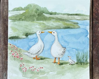 Watercolor Duck Nursery Art: Countryside Children's Room Print or Original Painting