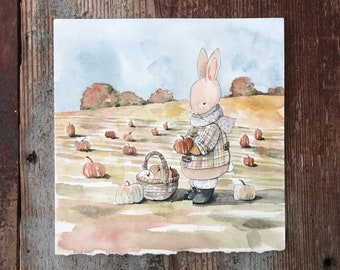 Original watercolor painting - 6x6 Autumn Bunny - Fall Bunny Watercolors - Pumpkins - Autumn leaves - Nursery art - Rabbit Decor Bunny Decor