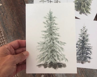 Evergreen Tree Watercolor Print: Cabin Lake Decor (5x7 or 8x10)