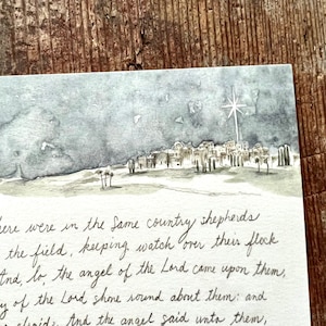Bethlehem Watercolor and Pencil sketch hand written scripture - Birth of Jesus Christ in Bethlehem - 5 x 7 Print Luke 2:8 Star Christmas Art