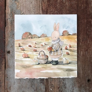 Original watercolor painting - 6x6 Autumn Bunny - Fall Bunny Watercolors - Pumpkins - Autumn leaves - Nursery art - Rabbit Decor Bunny Decor