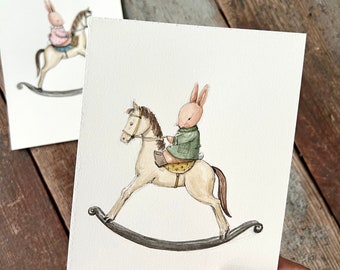 Watercolor Bunny Original or Print: Green Coat, Rocking Horse, Nursery Art