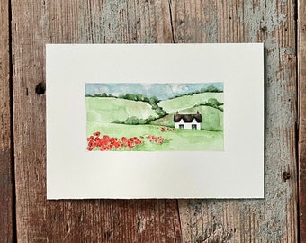 Original mini watercolor painting - Landscape No. 17 - 5x7 original watercolor house countryside - pencil -wash - watercolor poppies