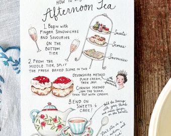 Afternoon Tea Watercolor Print: How-To Menu Illustration (5x7 or 8x10)