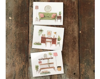 Set of 3 - Watercolor Cozy Home blank greeting cards - Any occasion cards - Interior Art - Mid Century Modern - Plant - Dog Lover Hygge