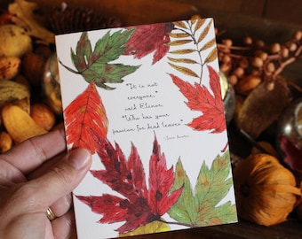 Jane Austen Fall Leaves Watercolor Greeting Card - Sense and Sensibility Quote