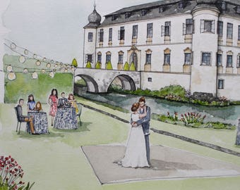 Custom Watercolor Wedding Portrait - Event Portrait - Prague Chateau - Reception Art