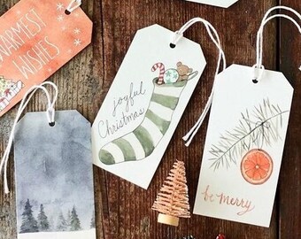 Watercolor Christmas Gift Tag Set – Hand-Drawn Vintage Designs