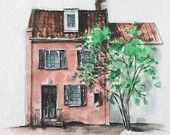 Original Watercolor - Handmade Paper - Charleston Pink House - Watercolor Sketch - Handmade Paper - Historic Home - Pencil and Watercolor