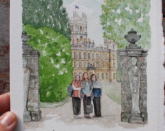 Custom Vacation Portrait - Downton Abbey Visit - Highclere Castle - Custom Watercolor Portrait