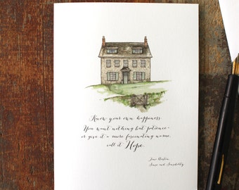 Jane Austen Barton Cottage Greeting Card - Know Your Own Happiness Sense and Sensibility Quote Call It Hope Family Friend Watercolor Card