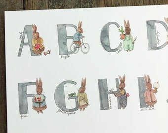 Nursery Art - ABC's - Alphabet Chart 8x10 or 11x14 Gender Neutral Nursery Decor Baby Nursery Watercolor Nursery Art Print Bunny Baby Gift