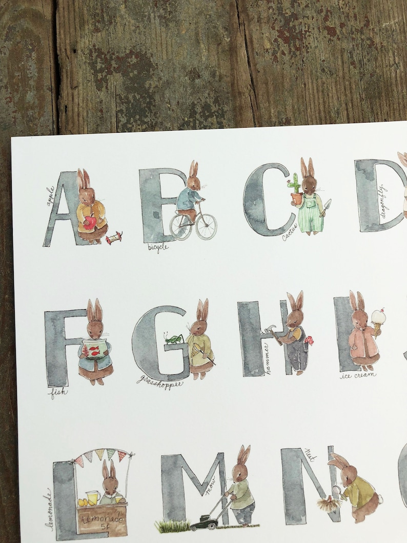 Bunny Alphabet Chart Print: Watercolor Abcs Nursery Art - Etsy