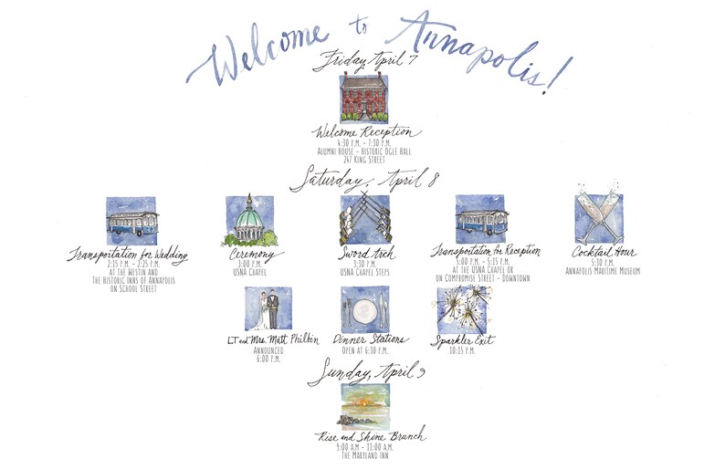 Download Naval Academy Illustrated Watercolor Timeline Itinerary Annapolis Wedding Custom Itinerary Custom Wedding Or Event Itinerary Art Collectibles Watercolor Delage Com Br