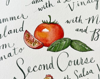 Made to Order - Custom Menu Watercolor Illustration - Watercolor Calligraphy - French Wedding Menu - Event Menu plus Drinks Menu - Custom