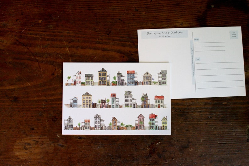 Charleston Postcard Charleston South Carolina Watercolor Postcard, Post Card Single House, Rainbow Row, Houses Card image 1