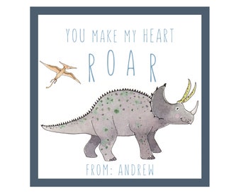 Valentines - Dinosaur - Triceratops - "You make my Heart ROAR" Set of Valentines -Cards or Stickers - Dinosaurs - Boy Valentines - or Unisex