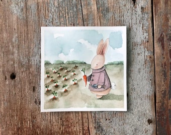 Original watercolor - 5x5 Bunny Rabbit Painting - signed watercolors - Adventure bunny - Nursery Decor - Farmer