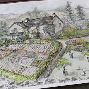 May include: Watercolor painting of a house with a garden and a sign that says "Hill Top". The house is white with a brown roof and has a garden with many different plants and flowers. There are also some sheep in the field.