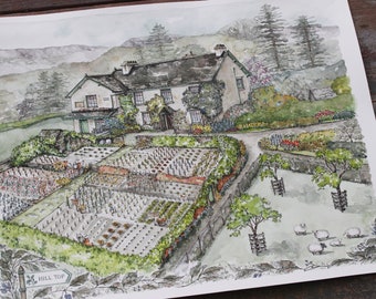Beatrix Potter&#39;s Hill Top Watercolor Print: Lake District Garden Art