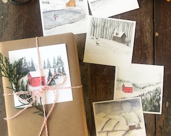 Watercolor Winter Houses Gift Tags: Mini Christmas Scenes, Set of 12