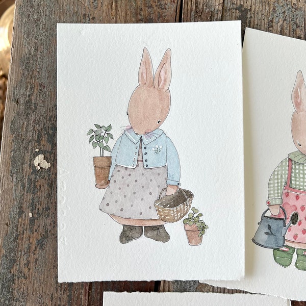Original Watercolor Gardening Bunny - BUNNY #3  -5x7 - 8x10 Polka Dot Dress and Blue Sweater with Plant - Original Painting or Print