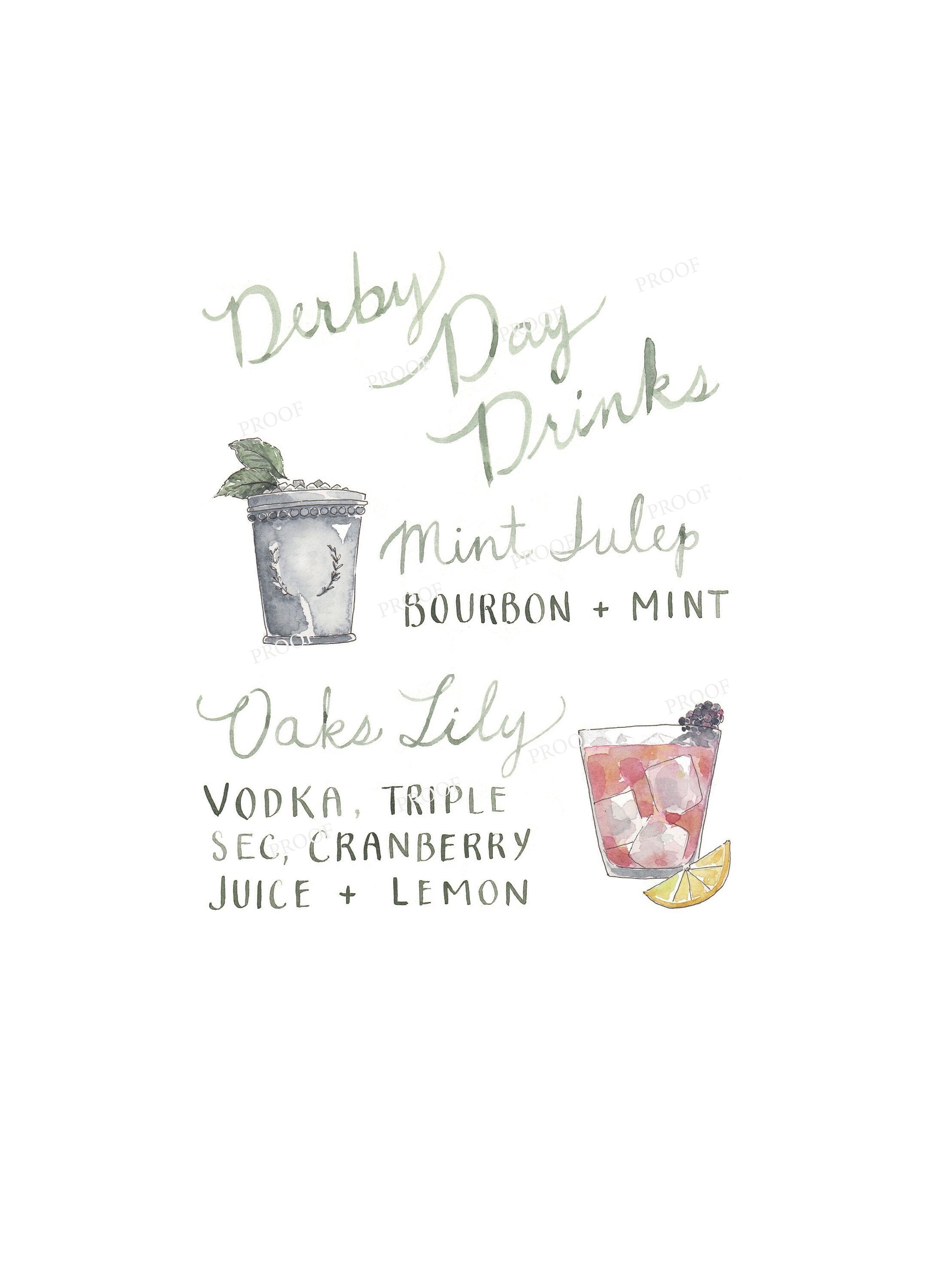 Kentucky Derby Cocktail Menu: Watercolor Illustrated Sign (Digital Download)
