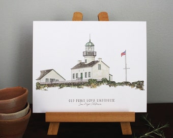Old Point Loma Lighthouse Watercolor Print - San Diego Landmark (8 x 10)