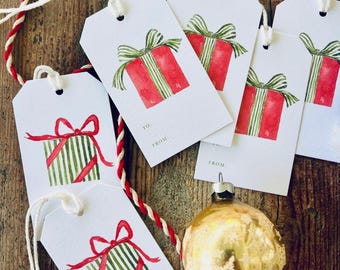 Watercolor Christmas Gift Tags - Holiday Presents with Bows, Set of 12