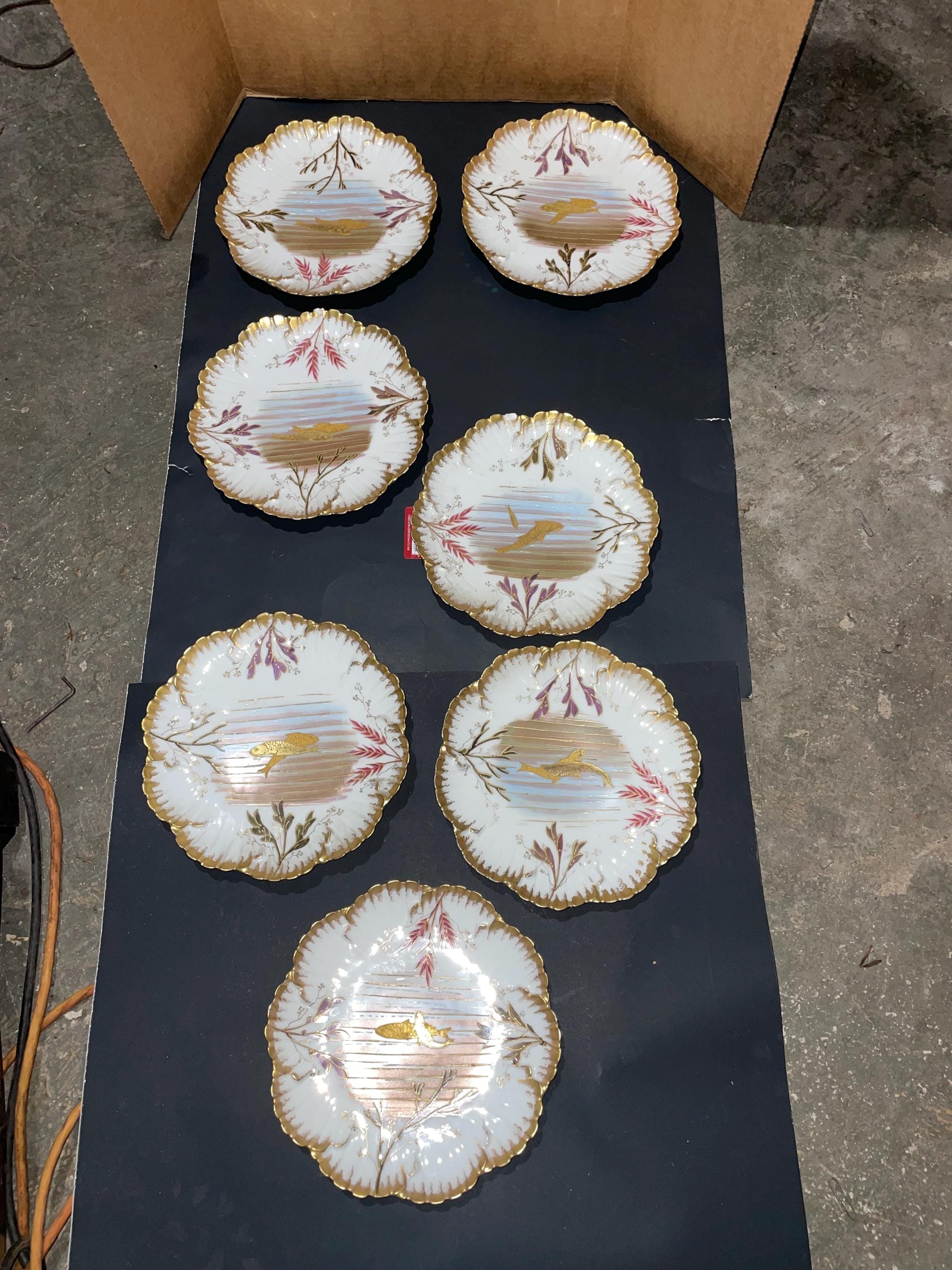 Charles Ahrenfeldt Limoges Hand Pinted Fish Plates. Mystery Age. Set of Seven Plates.