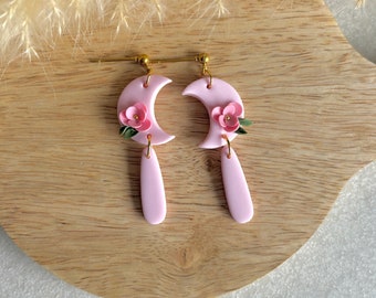 Earrings MOON | Polymer Clay | pink | blossoms