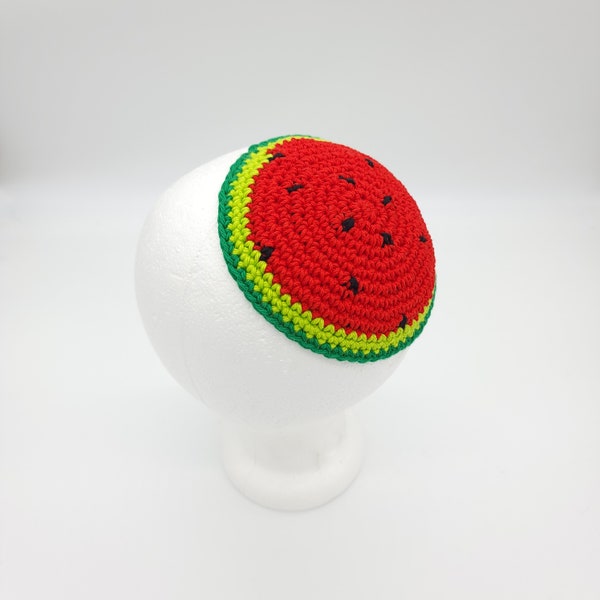 Watermelon kipa for Palestinian solidarity - light green rind - handmade of cotton yarn - not in our name - anti-Zionist