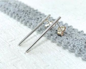 Sterling silver linear earrings, Long thin sterling silver wire earrings, ECO sterling silver earrings, Dainty long sterling silver earrings