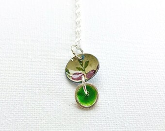 Vintage tin and  green enamel drop necklace, Upcycled jewellery, Vintage tin and silver pendant, Flower Pendant, Mixed media pendant, floral