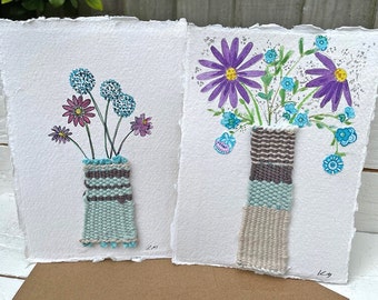 A6 hand painted water colour flower postcard with hand woven vase. Crafted flower small picture / postcard