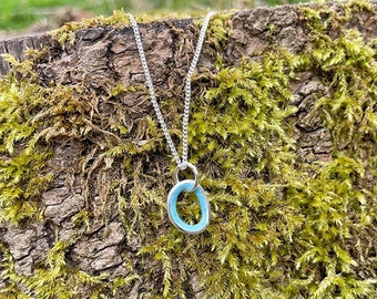 Small enamel linear pendant, Sterling silver enamel pendant, Circle pendant, Blue hoop pendent, ECO silver and enamel pendent, Blue necklace