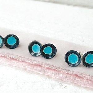 Small 8mm blue enamel stud earrings, ECO sterling silver patina earrings, Blue enamel and patina earrings, Round blue studs, enamel earrings