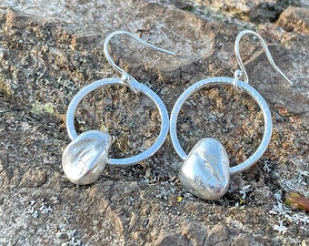 Sterling silver pebble earrings, silver drop pebble earrings, rustic earrings, contemporary hook earrings, asymmetrical silver earrings