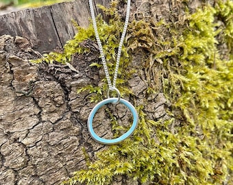 Blue enamel linear pendant, Sterling silver enamel pendant, Circle pendant, Blue hoop pendent, ECO silver and enamel pendent, Blue necklace