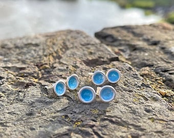 Light blue enamel stud earrings, Contemporary blue enamel earrings, Blue stud earrings, Handmade enamel earrings, Round blue stud earrings