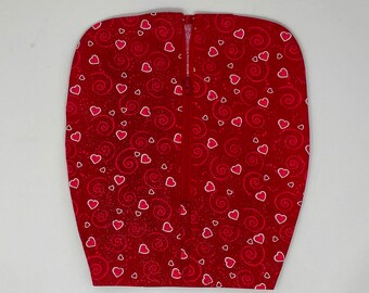 Valentine hearts catheter bag cover for foley users. Insert drain bag through zip front and enjoy easy access to drain port through open hem