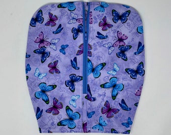 Lavender blue butterfly foley catheter bag cover. Comfortable confident in public with zip front, open hem. Empty without removing cover.