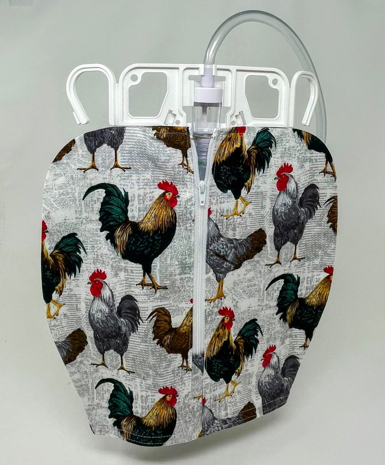 Roosters catheter bag cover for foley users. Discreet covering for urine or bile collection system. No need to remove cover to empty. Modest image 2