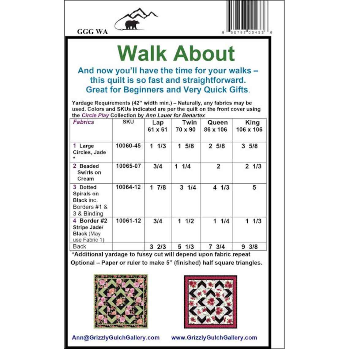 Walk About Quilt Pattern by Ann Lauer of Grizzly Gulch Gallery Etsy