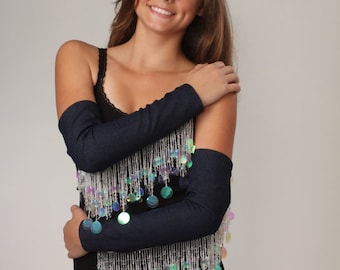 Fashion Arm Sleeves, Fringe Arm Band in Irridescent Sequin, Beads, Denim